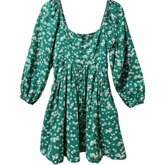 Anthropologie Puff Sleeve Button Front Ruched Green Floral Mini Dress Small - Picture 4 of 10